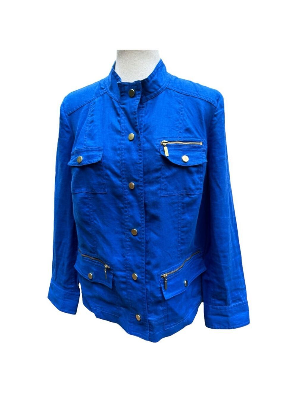 Chico’s 100% Linen Blue Utility Jacket Size 1 (M) Gold Zip Pocket Detail Classic - Picture 3 of 12